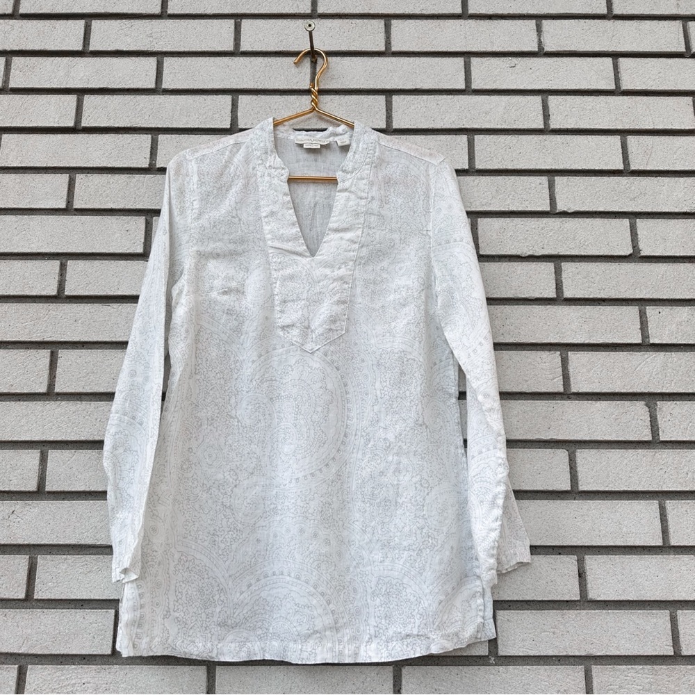 Cynthia Rowley White Gray Paisley Linen Tunic Top V-Neck Boho Coastal S